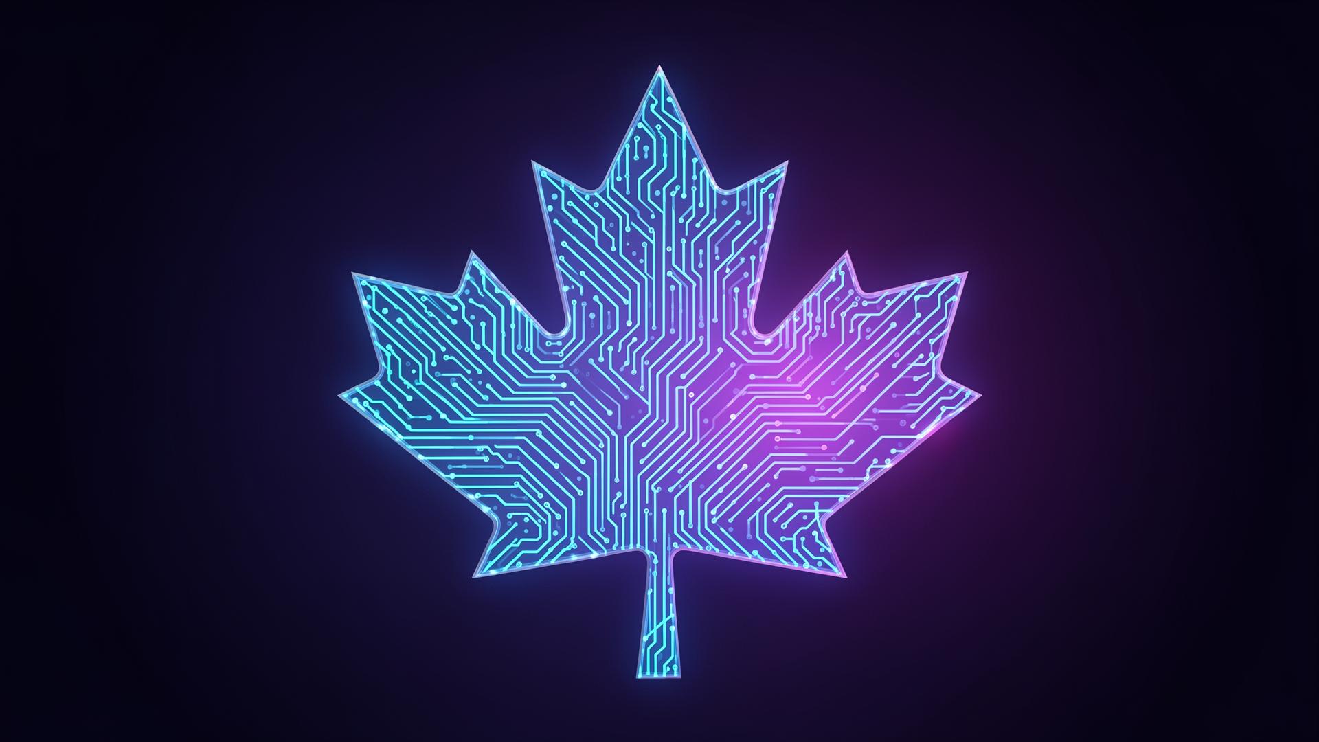 Glowing maple-leaf circuit representing Canadian AI commercialization