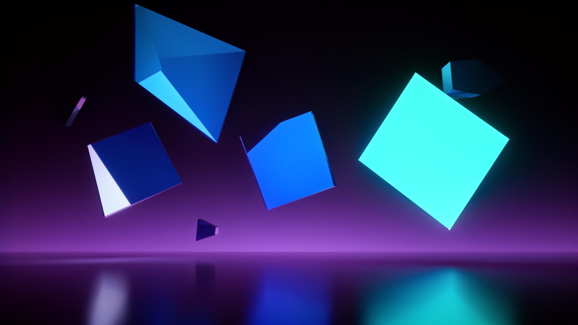 Floating geometric forms in electric blue and cyan symbolising BlueCircuit's design system